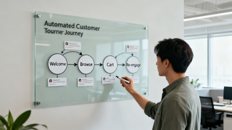 A person explains an automated customer journey diagram on a glass board in an office setting.