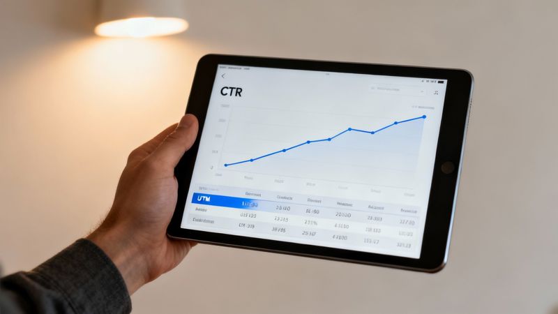 A person holding a tablet displaying a CTR graph with an upward trend and detailed marketing data.