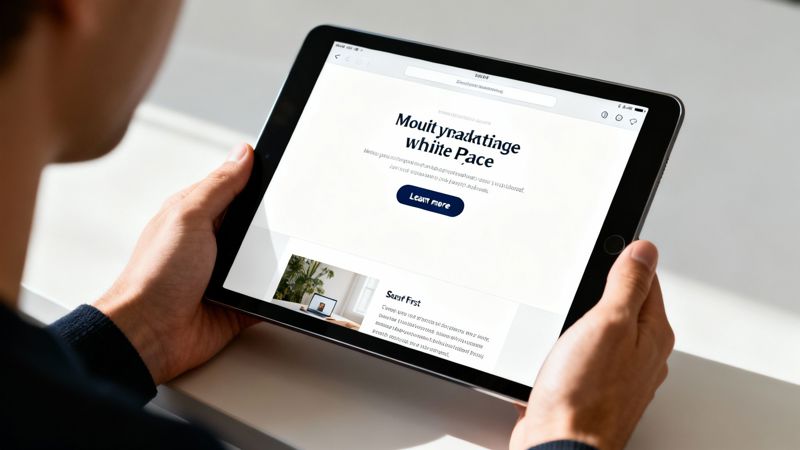 A person holds a black tablet displaying a website with a large headline and a 'Learn more' button. Another section shows a laptop and a plant.
