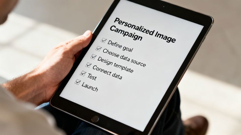 A person holds a tablet displaying a completed checklist for a 'Personalized Image Campaign'.
