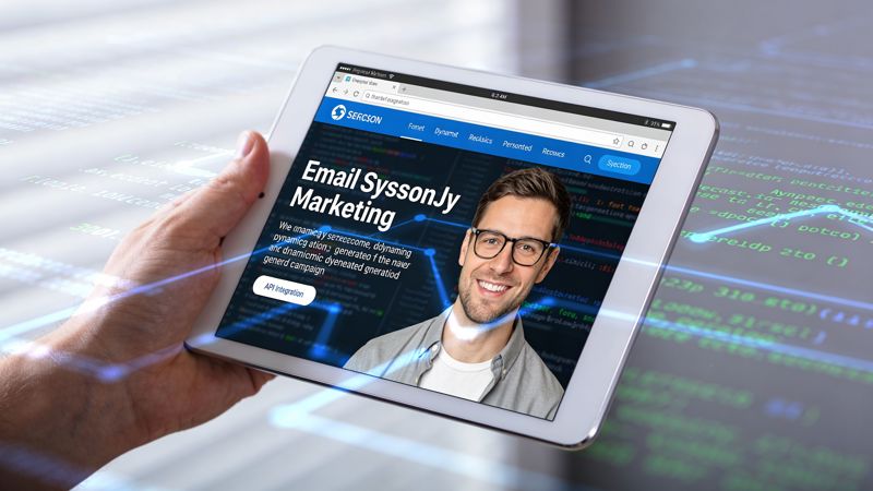 A person holds a tablet displaying an email marketing services website with a professional headshot.