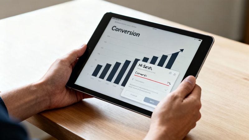 A person holds a tablet showing a conversion growth bar chart and a marketing notification.