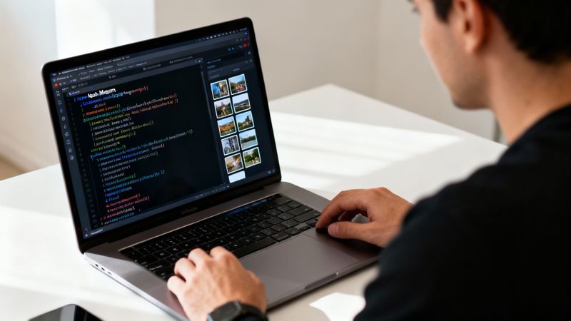 A person is coding on a laptop, displaying both program code and a grid of small image thumbnails.