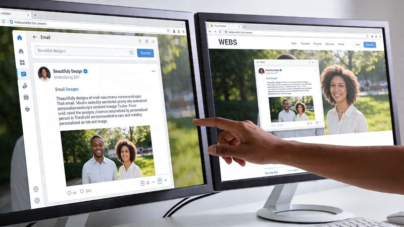 A person pointing at a dual monitor setup showing AI image generation software and social media interface.