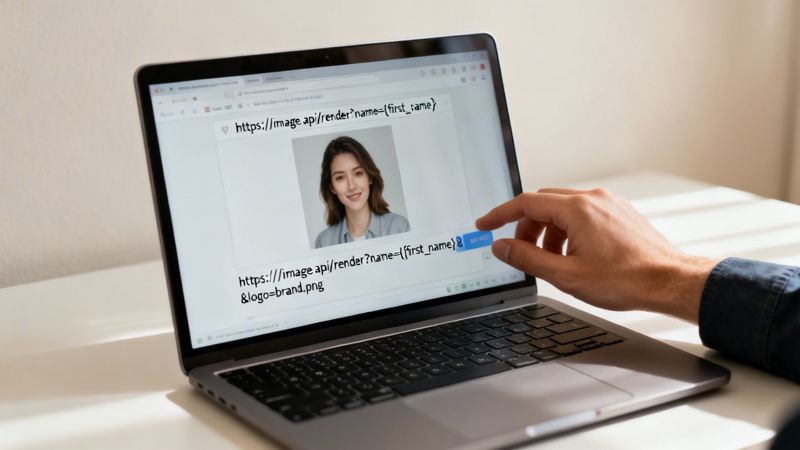 A person's hand interacts with a laptop screen displaying an image rendering API and a woman's portrait.
