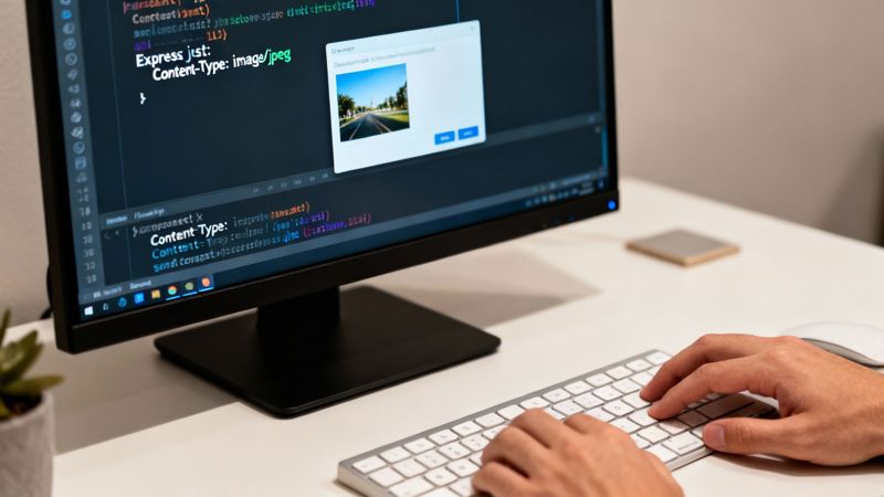 A person's hands typing on a keyboard, coding a REST API on a computer screen.