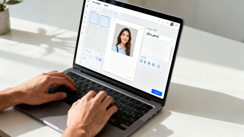 A person types on a laptop, designing an email with a smiling woman's photo in a no-code builder.