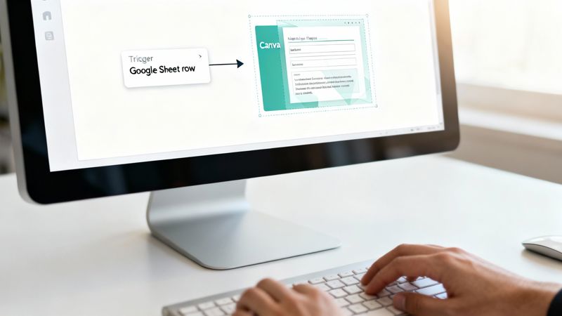 A person uses a computer displaying a digital workflow to automate a Google Sheet row trigger to Canva.