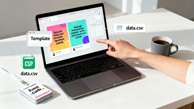A person uses a laptop to automate design of social media and event cards from data.