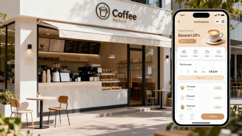 A person using a Starbucks mobile app on their phone while inside a cozy, modern Starbucks cafe, illustrating a seamless blend of digital and physical experiences.