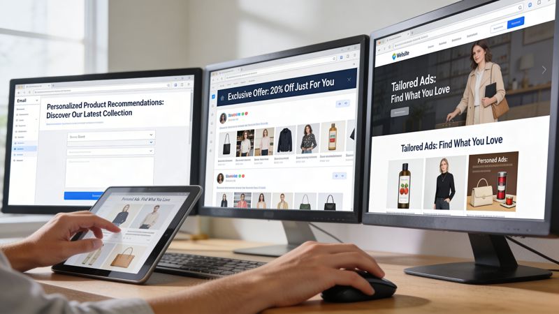 A person using a tablet and computer monitors to manage personalized advertising and product recommendation campaigns online.