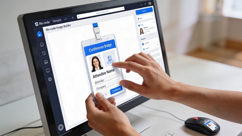 A person using software to design a personalized digital conference badge on a computer screen.