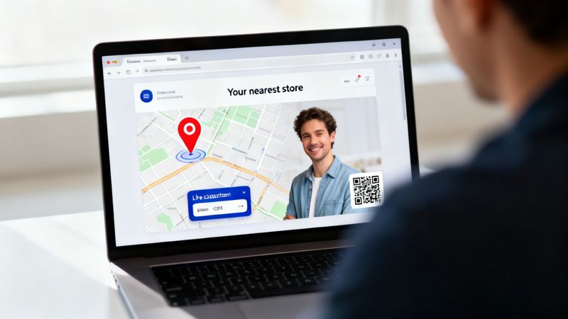 A person views a laptop screen displaying a map with a store location, a smiling man, and a QR code.