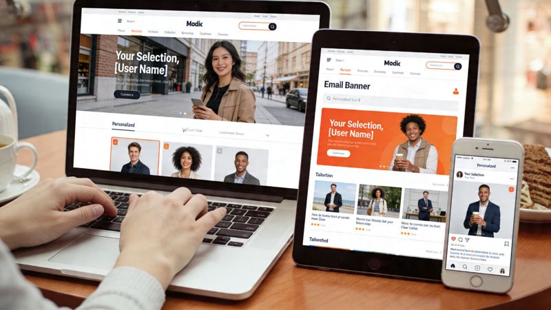 A person working on a laptop with a tablet and smartphone showing responsive website designs.