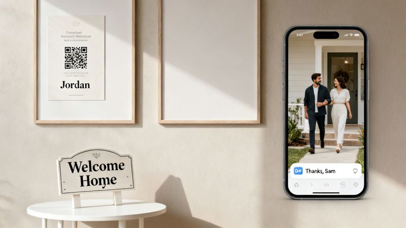 A personalized welcome display with a framed QR code, 'Welcome Home' sign, and a smartphone showing a couple.