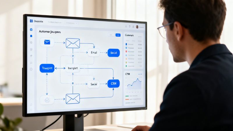 A professional analyzing a digital customer journey map on a computer screen in a modern office.