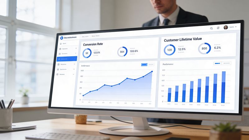 A professional computer monitor displaying a marketing analytics dashboard with charts and data on an office desk.