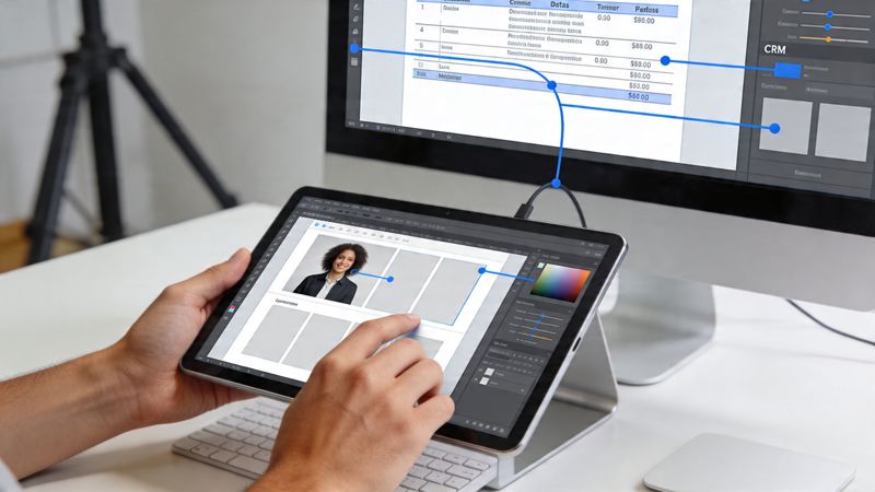 A professional designer editing images on a tablet connected to a computer for CRM system integration.