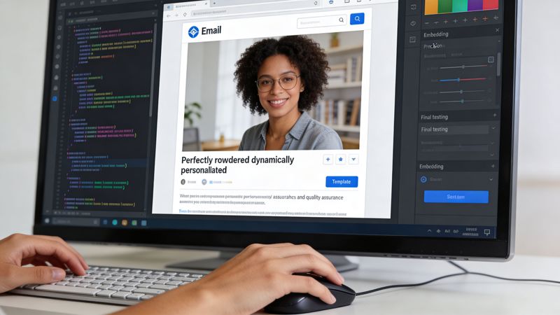 A professional developer using software to create personalized email templates with dynamic images on a computer screen.