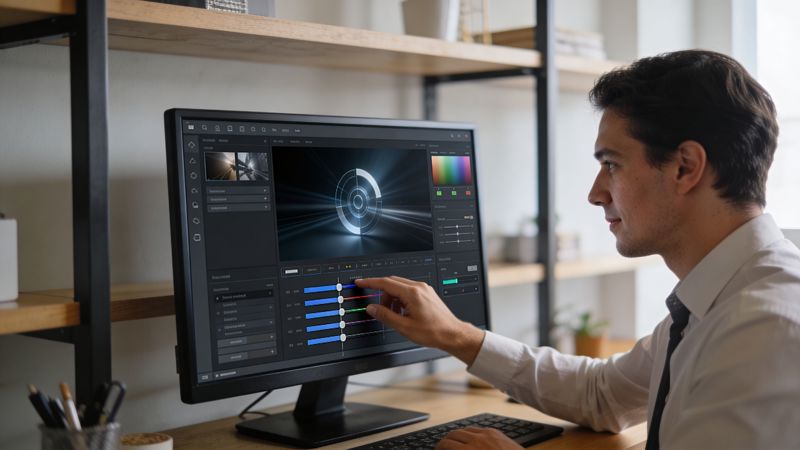 A professional man adjusting color grading settings on a computer monitor while editing a digital video project.