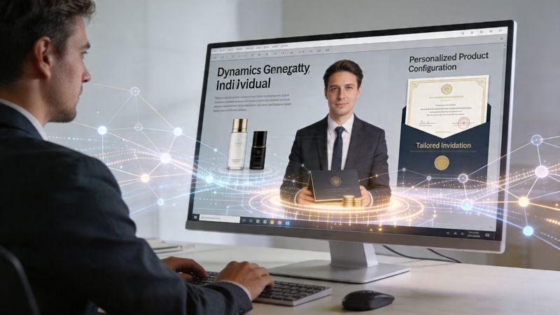 A professional man at a computer monitor displaying digital marketing content with product and certificate graphics.
