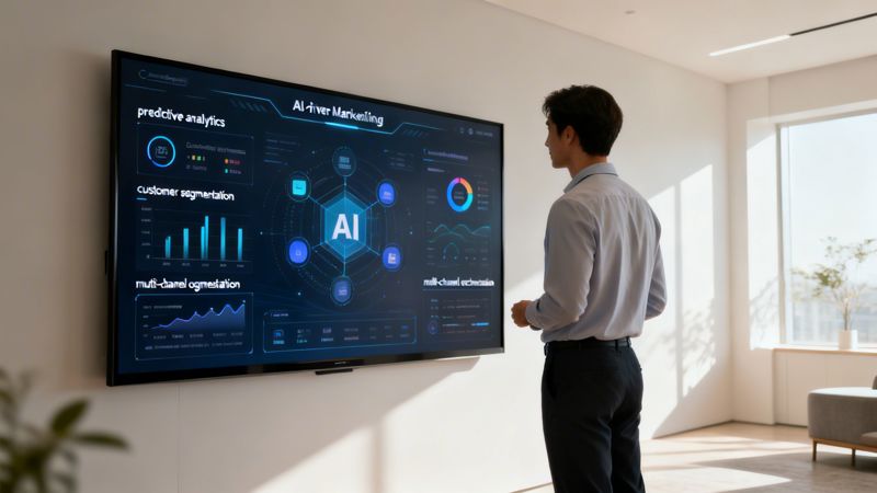 A professional man standing in an office, viewing a large display screen showing complex AI marketing automation analytics.