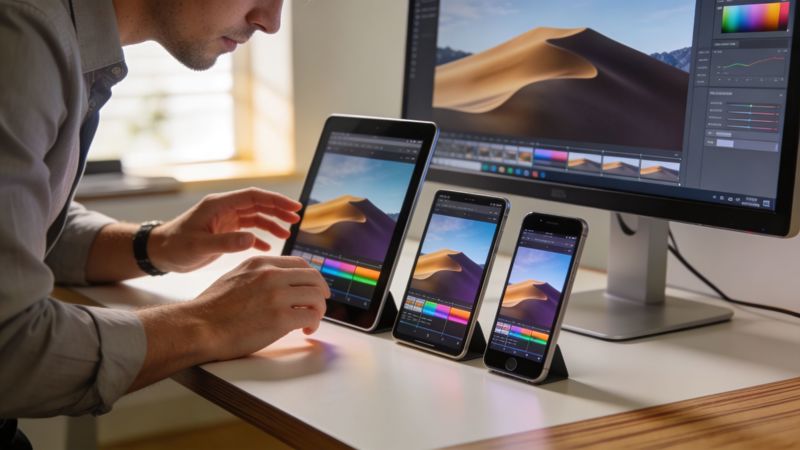 A professional photo editor adjusting color settings on a tablet with multiple screens displaying desert landscape imagery.