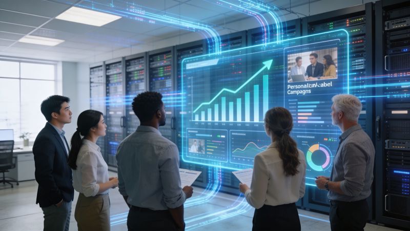 A professional team of diverse IT specialists analyzing interactive data visualizations in a high-tech data center environment.