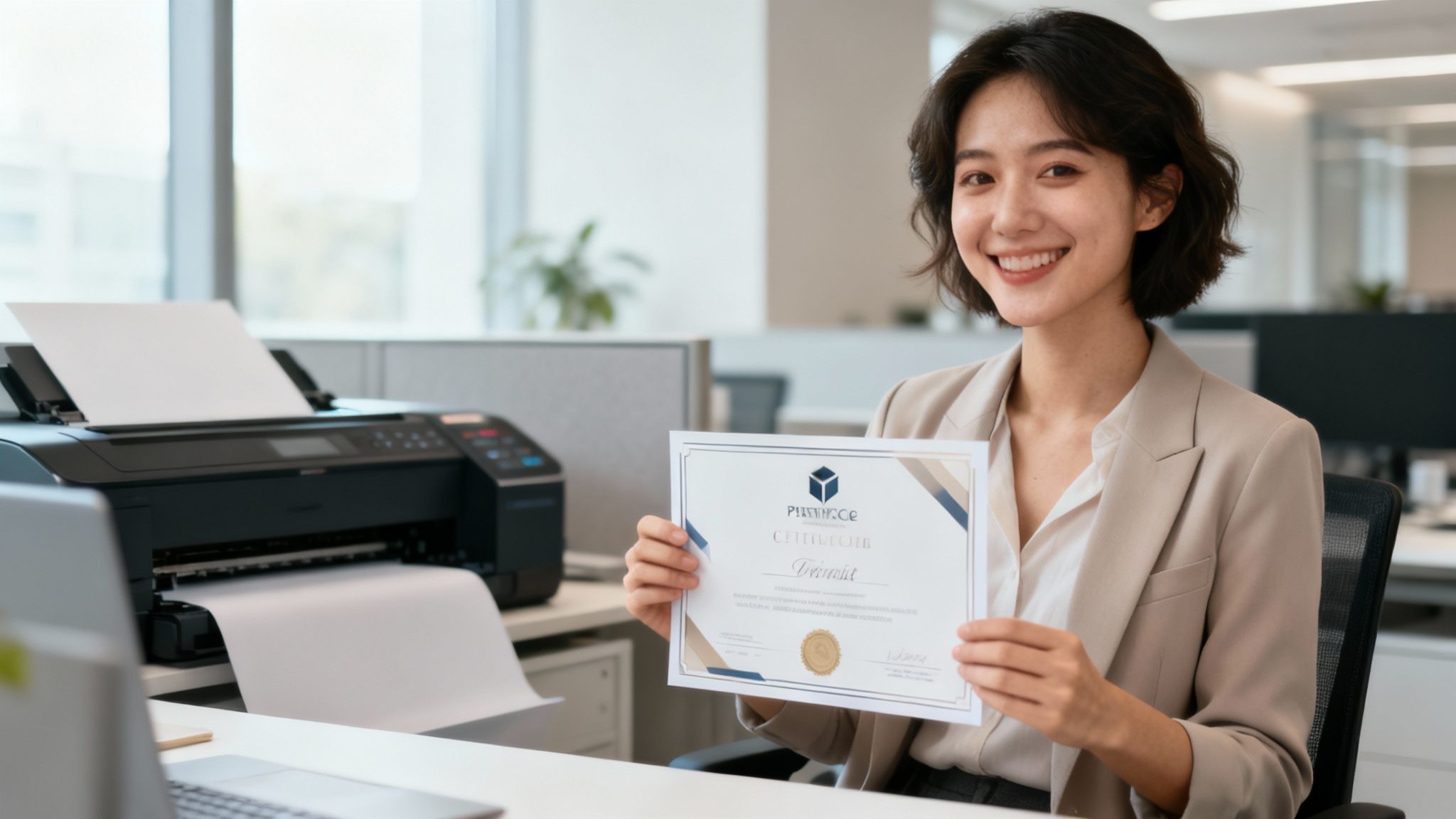 A professionally designed certificate for a course completion, held by a person in a modern office setting.