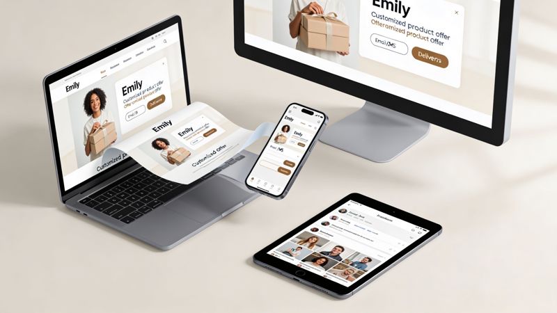 A responsive website interface displayed on a laptop, desktop monitor, tablet, and smartphone for personalized customer experiences.