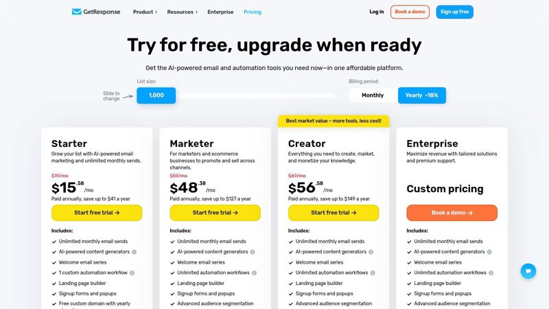 A screenshot of GetResponse's email marketing pricing plans