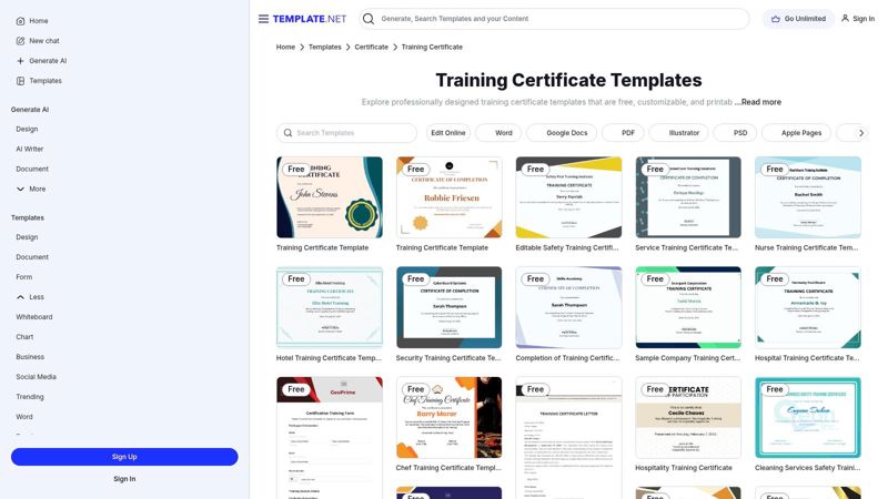 A screenshot of Template.net's website showing its wide array of downloadable training certificate templates.