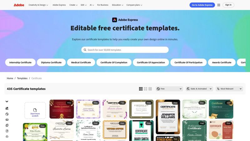 A screenshot of the Adobe Express interface showing certificate of completion templates.