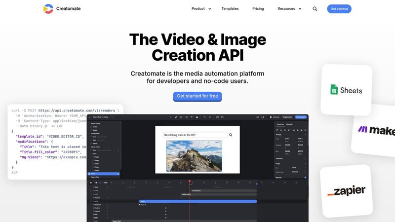 A screenshot of the Creatomate dashboard showing a template editor for creating dynamic media.