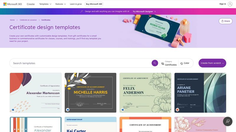 A screenshot of the Microsoft Create website showing a gallery of certificate templates for Microsoft Word and PowerPoint.