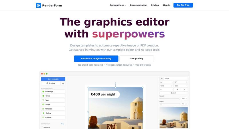 A screenshot of the RenderForm visual template editor, showing customization options for text, images, and layout elements.