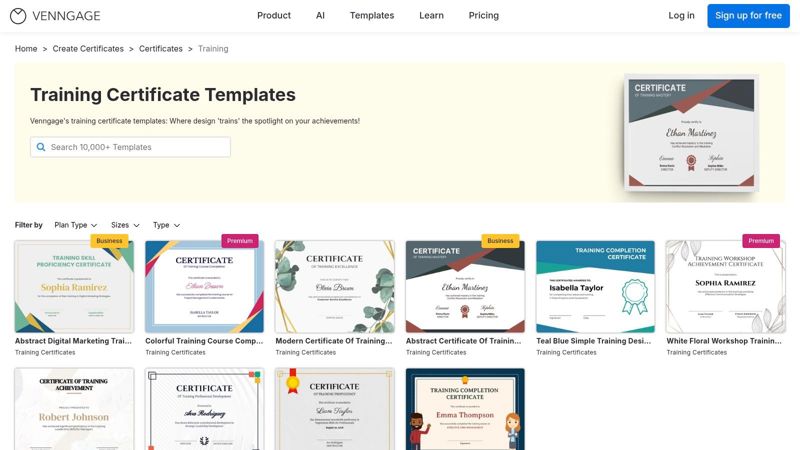 A screenshot of Venngage's interface showing various certificate templates available for customization.