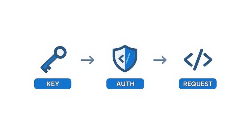A sequence of blue icons depicting an API security flow: a key, followed by an arrow, then a shield labeled 'AUTH', another arrow, and finally a code tag icon labeled 'REQUEST'.
