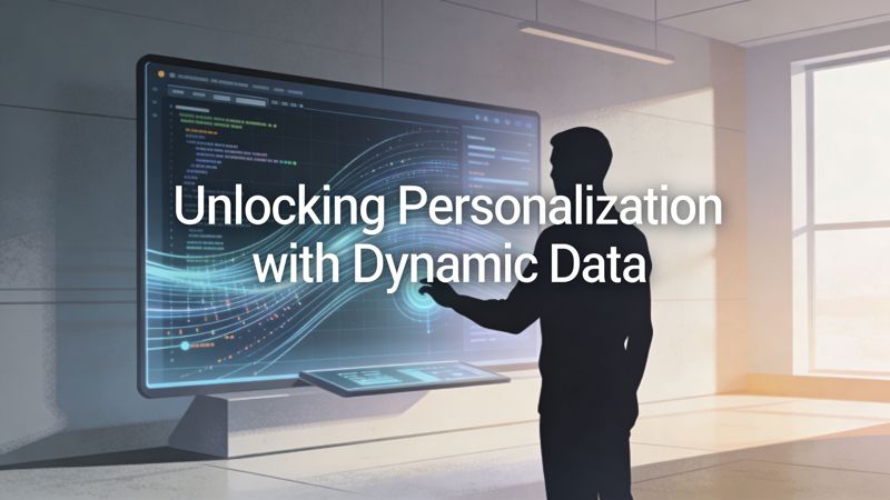 A silhouetted person interacts with a large digital display showing dynamic data visualization and code.