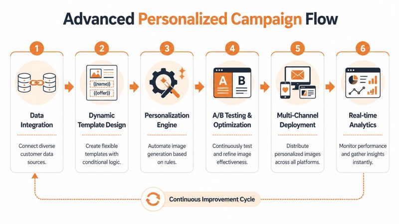 A six-step infographic illustrating the workflow for building and deploying automated personalized marketing campaigns for customers.