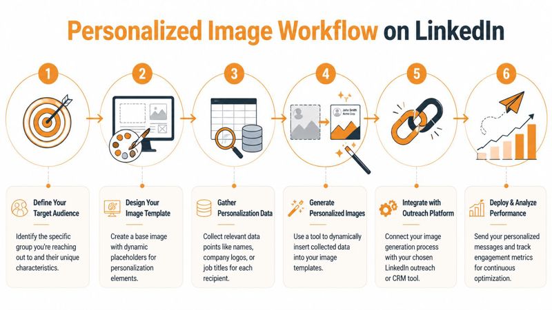 A six-step infographic workflow illustrating how to create and deploy personalized images for LinkedIn outreach campaigns.