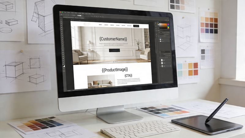 A sleek modern office workspace featuring a computer screen displaying website design mockups with sketches and color palettes.