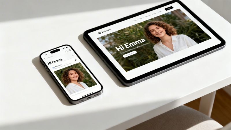 A smartphone and a tablet display a website featuring a smiling woman and the text 'Hi Emma'.