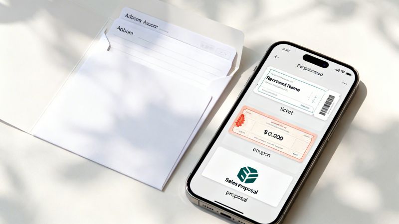 A smartphone displaying a digital wallet app with tickets and coupons next to a paper envelope.