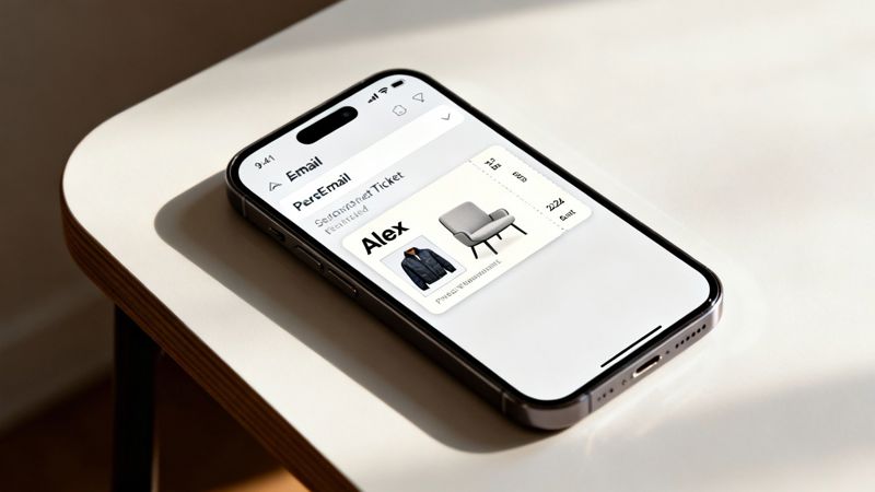 A smartphone on a table displays an email with personalized content, showing a ticket for Alex and product images.