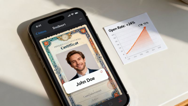 A smartphone shows a digital certificate for John Doe, placed beside a paper displaying email marketing growth metrics.