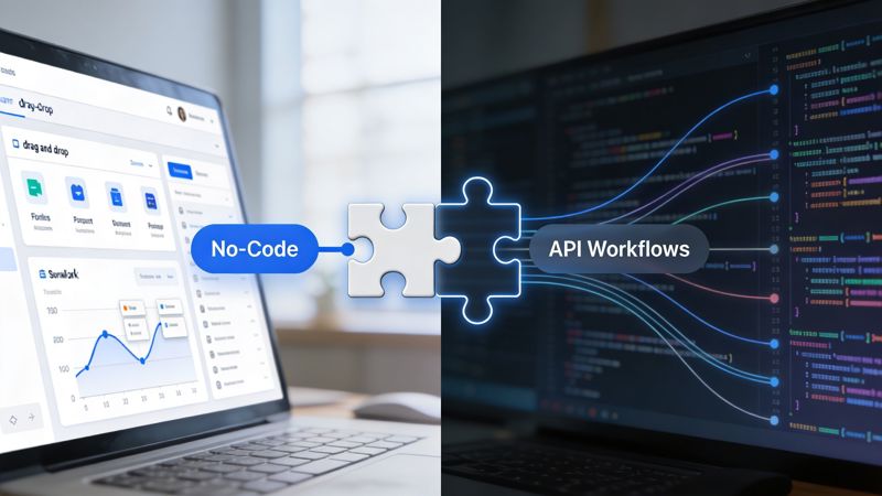 A split screen image showing a no-code interface and API code workflows connected by puzzle pieces.