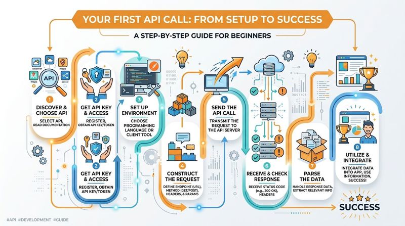 A step-by-step infographic guide illustrating the process of making your first API call for beginners.