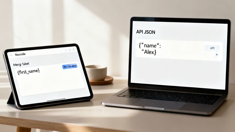 A tablet and laptop display screens with dynamic data merge labels and API JSON examples.