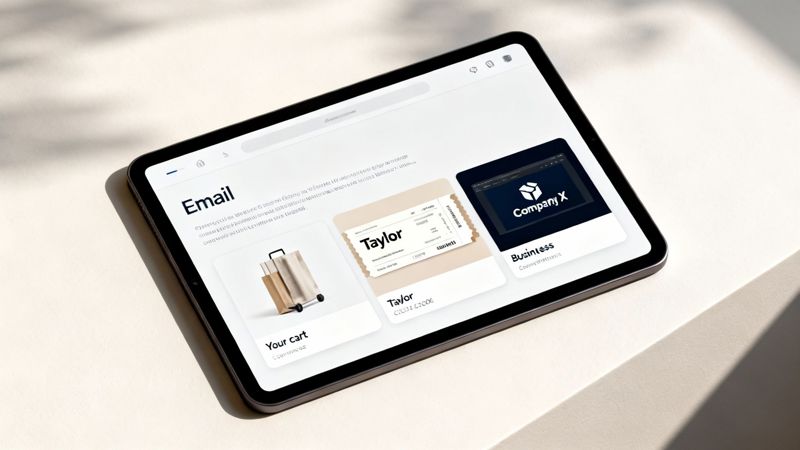 A tablet displaying an email client interface with various content cards, resting on a textured light surface.